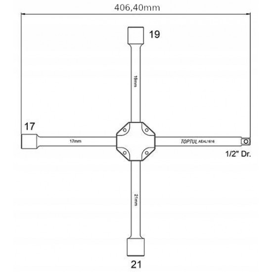 Ключ баллонный крестовой усиленный TOPTUL 17,19,21,1/2" AEAL1616